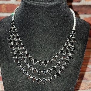 Vintage Black Teardrop Rhinestone Three Tier Necklace